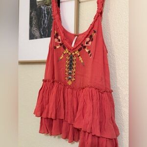 Free People Embroidered Sleeveless Ruffle Tank